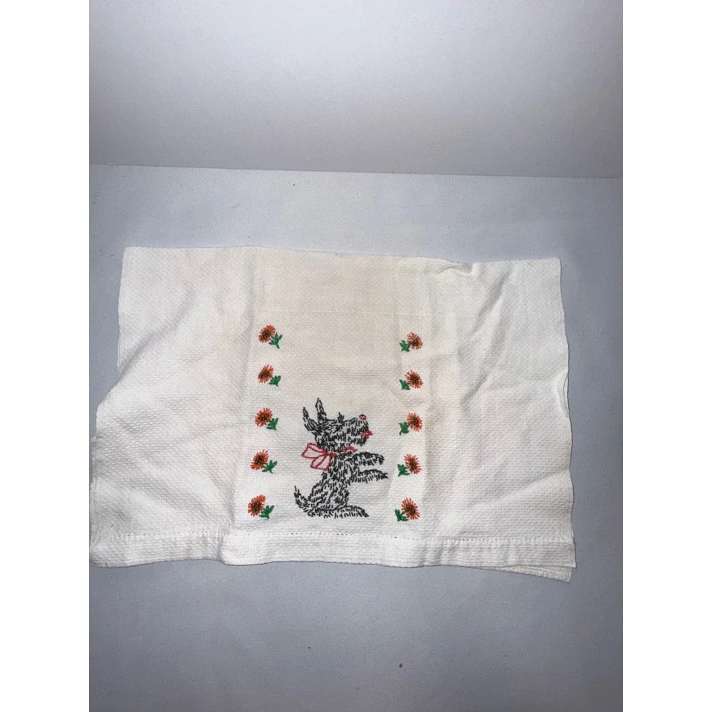 Vtg Scottie Dog Embroidered Waffle Weave Cotton Hand Towel White Orange Floral